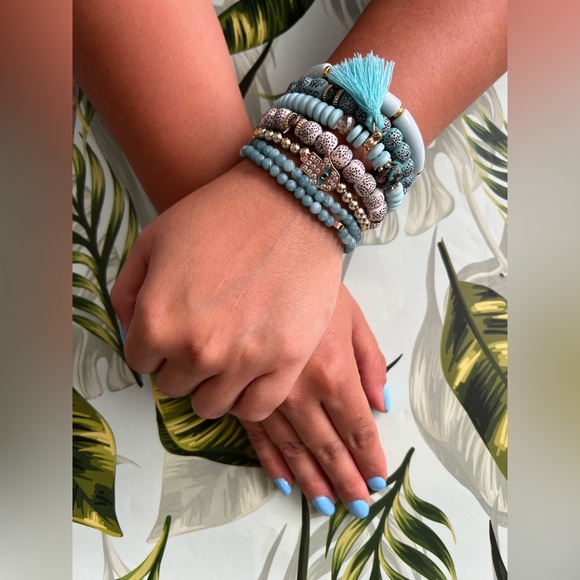 Blue Boho Chic Bead Bracelet Set - Trendy Stylish Stacked Bracelet Set - Picture 8 of 14